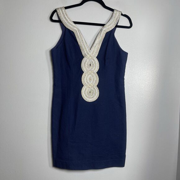 LILLY PULITZER Valli Shift Dress Size 6 Navy Blue Metallic Nautical Preppy Beach - Picture 2 of 11